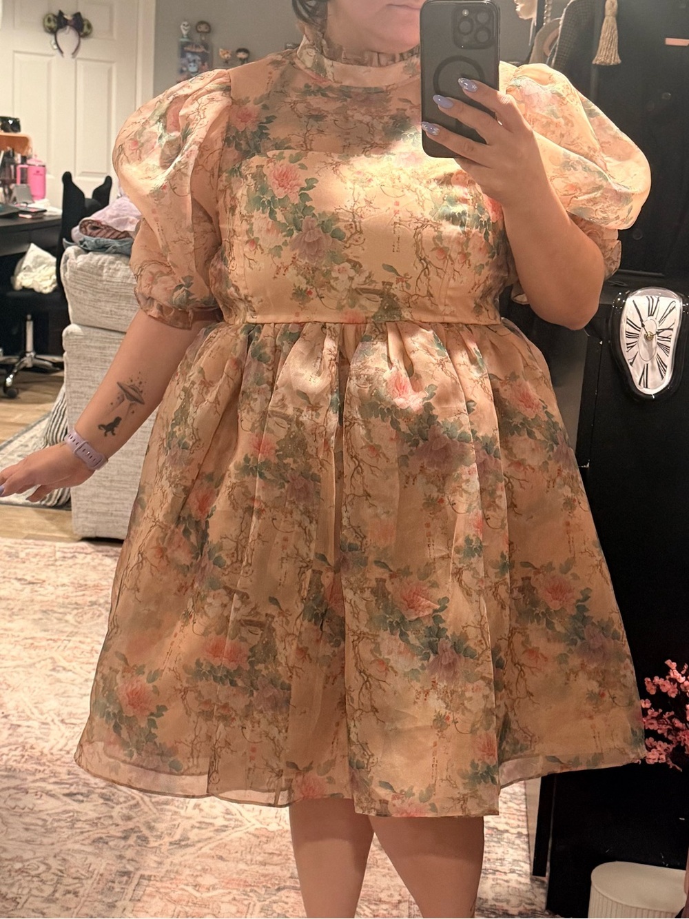 Selkie Peach Floral Organza Puff-Sleeve Mini Dress - Picture 9 of 11